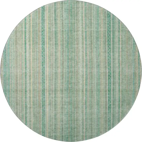 8' Aqua Beige And Teal Striped Washable Round Rug With UV Protection Photo 3