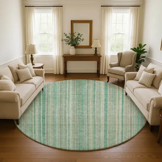 8' Aqua Beige And Teal Striped Washable Round Rug With UV Protection Photo 4
