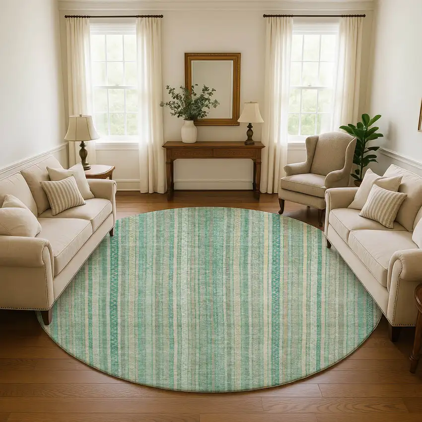 8' Aqua Beige And Teal Striped Washable Round Rug With UV Protection Photo 4