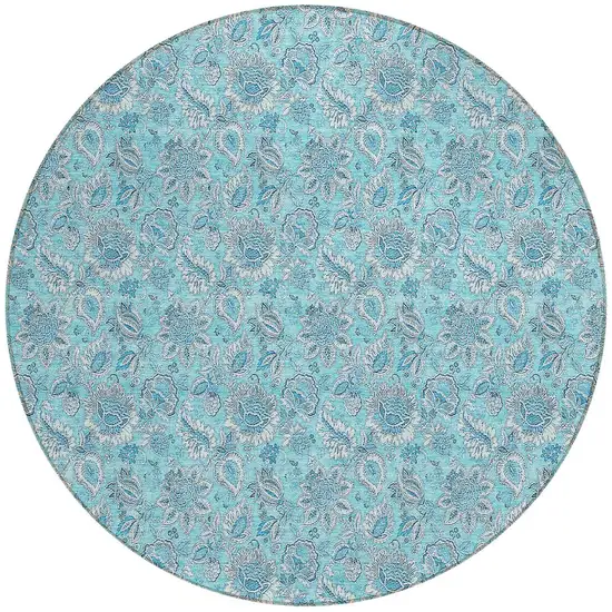 8' Aqua Blue And Silver Round Floral Washable Indoor Outdoor Area Rug Photo 6