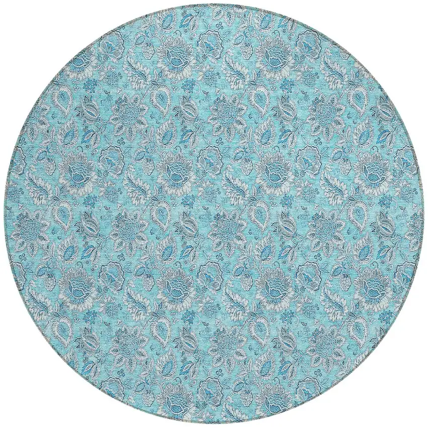 8' Aqua Blue And Silver Round Floral Washable Indoor Outdoor Area Rug Photo 6