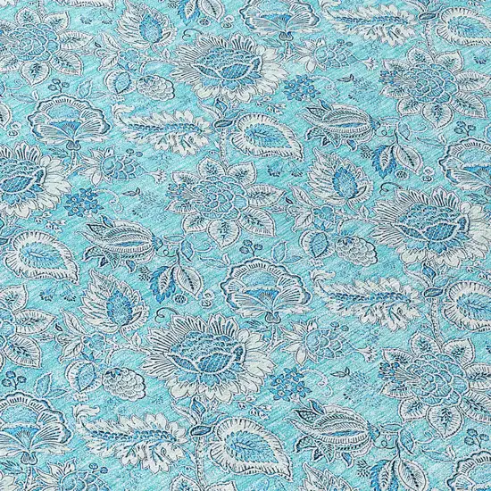 8' Aqua Blue And Silver Round Floral Washable Indoor Outdoor Area Rug Photo 9