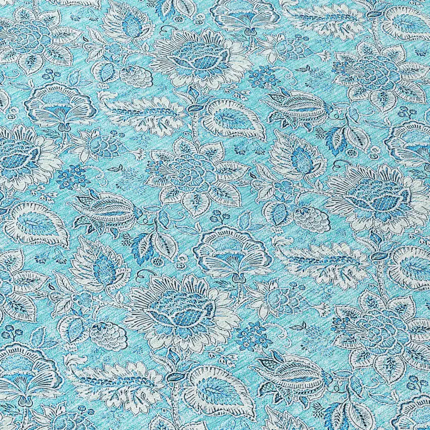 8' Aqua Blue And Silver Round Floral Washable Indoor Outdoor Area Rug Photo 9