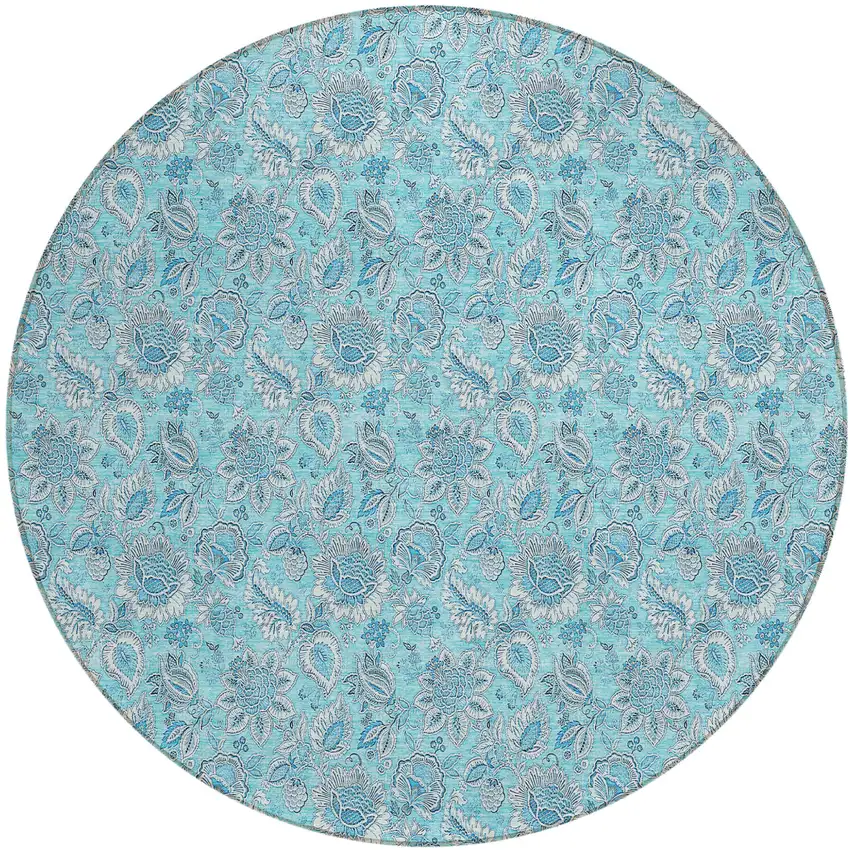8' Aqua Blue And Silver Round Floral Washable Indoor Outdoor Area Rug Photo 2