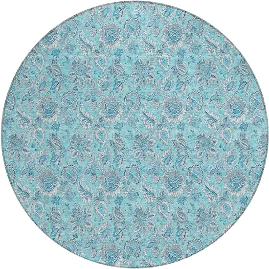8' Aqua Blue And Silver Round Floral Washable Indoor Outdoor Area Rug Photo 2