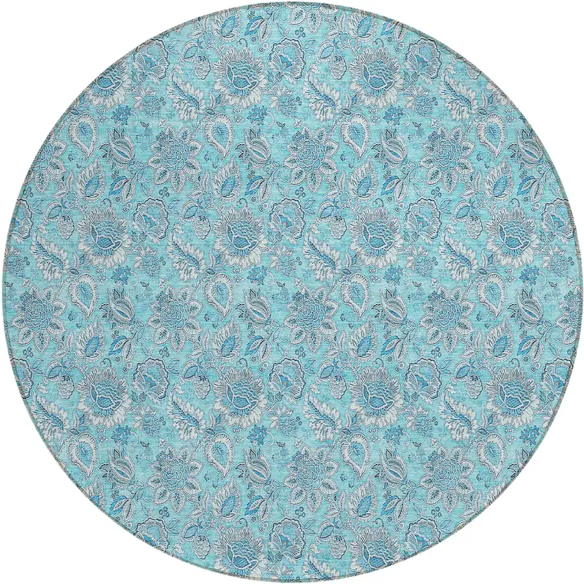 8' Aqua Blue And Silver Round Floral Washable Indoor Outdoor Area Rug Photo 2
