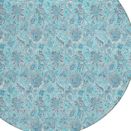 8' Aqua Blue And Silver Round Floral Washable Indoor Outdoor Area Rug Photo 5