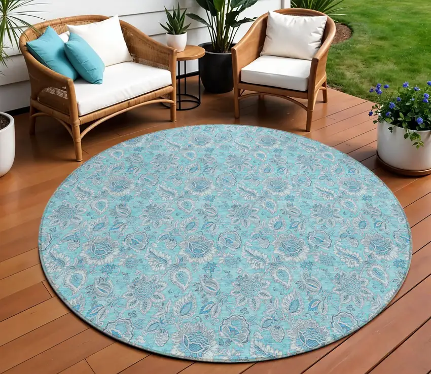 8' Aqua Blue And Silver Round Floral Washable Indoor Outdoor Area Rug Photo 1