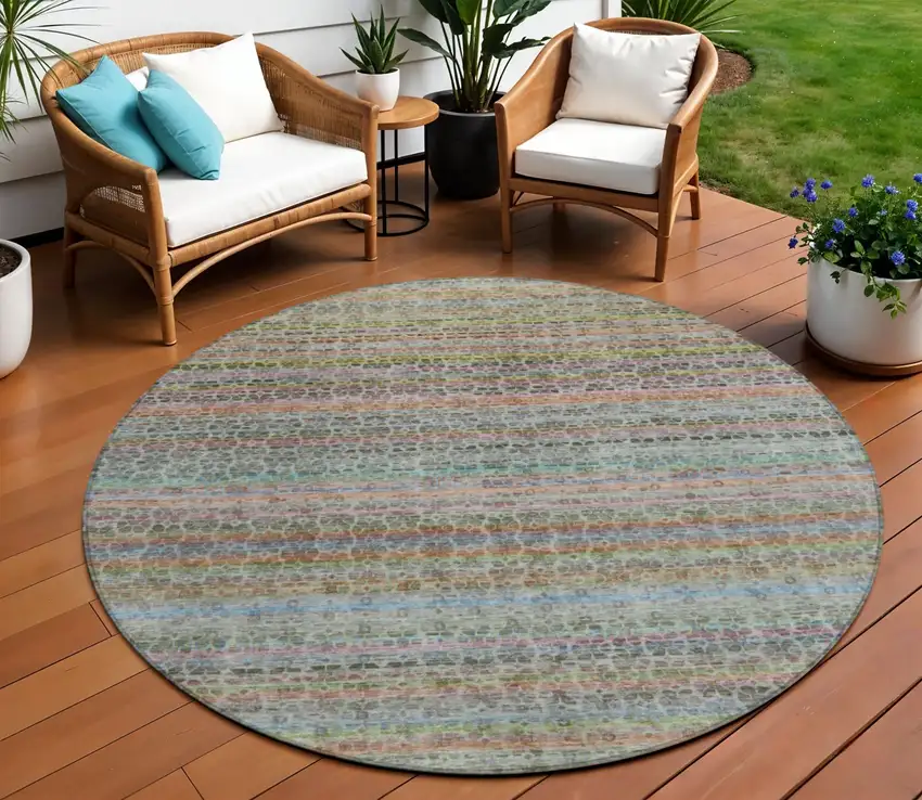 8' Aqua Coral And Lavender Round Striped Washable Indoor Outdoor Area Rug Photo 2
