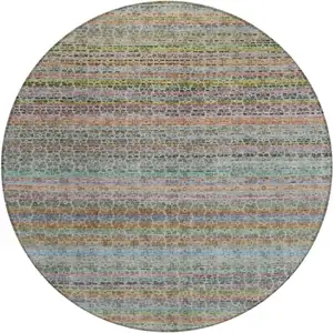 Photo of 8' Aqua Coral And Lavender Round Striped Washable Indoor Outdoor Area Rug