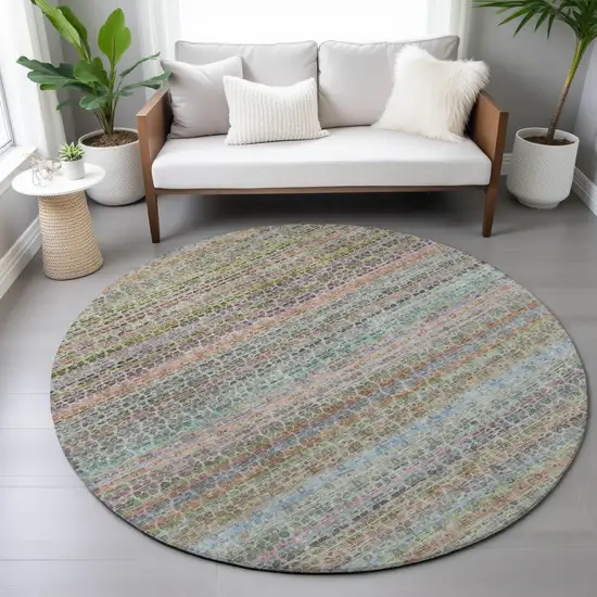 8' Aqua Coral And Lavender Round Striped Washable Indoor Outdoor Area Rug Photo 7
