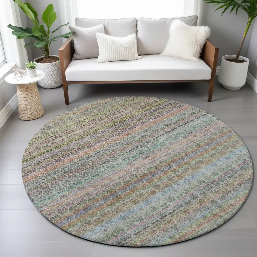 8' Aqua Coral And Lavender Round Striped Washable Indoor Outdoor Area Rug Photo 7