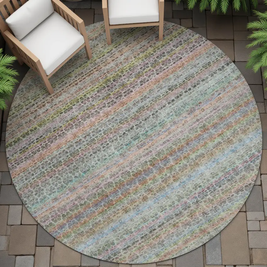 8' Aqua Coral And Lavender Round Striped Washable Indoor Outdoor Area Rug Photo 6