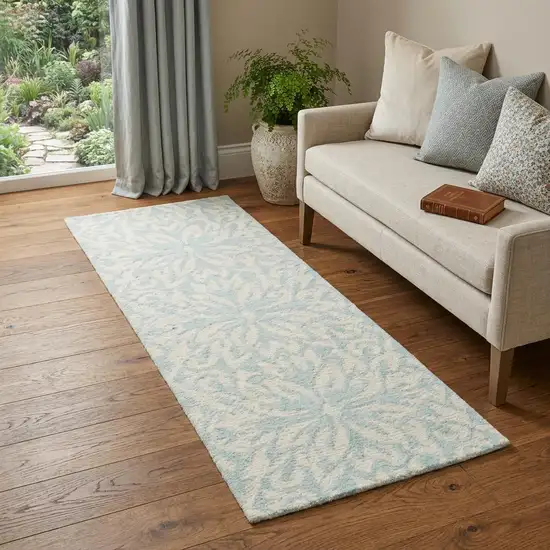 7' Aqua Floral Power Loom Runner Rug Photo 1