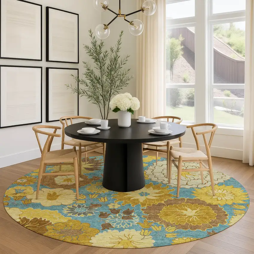 8' Aqua Gold And Beige Round Floral Washable Indoor Outdoor Area Rug Photo 9