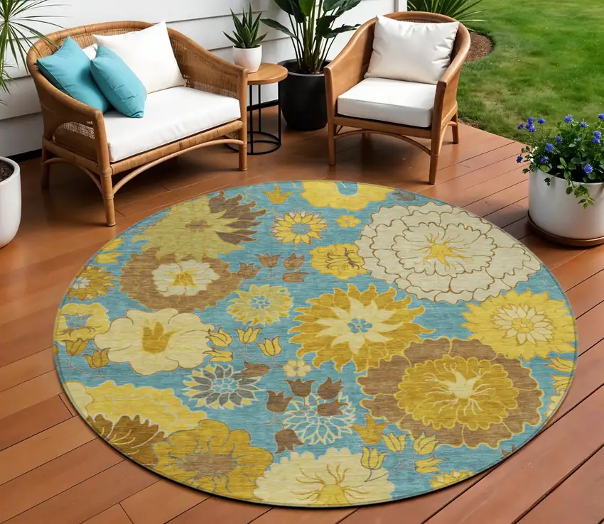 8' Aqua Gold And Beige Round Floral Washable Indoor Outdoor Area Rug Photo 1