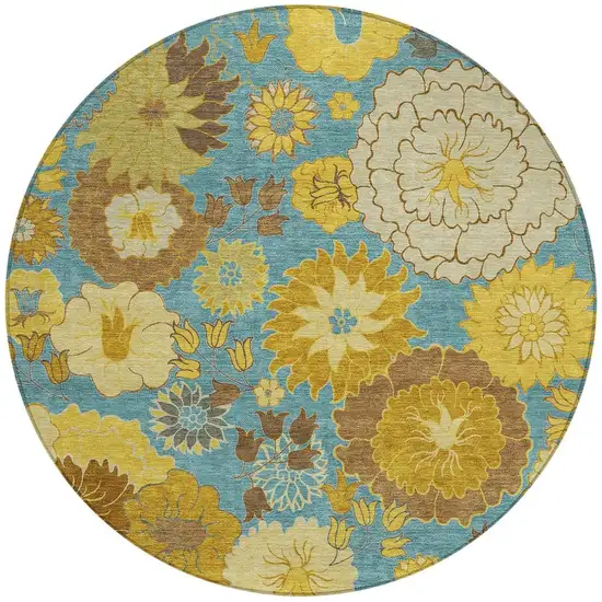 8' Aqua Gold And Beige Round Floral Washable Indoor Outdoor Area Rug Photo 4
