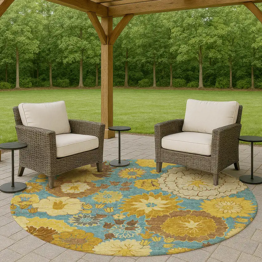 8' Aqua Gold And Beige Round Floral Washable Indoor Outdoor Area Rug Photo 8