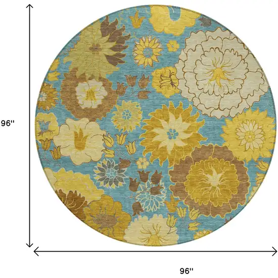 8' Aqua Gold And Beige Round Floral Washable Indoor Outdoor Area Rug Photo 3