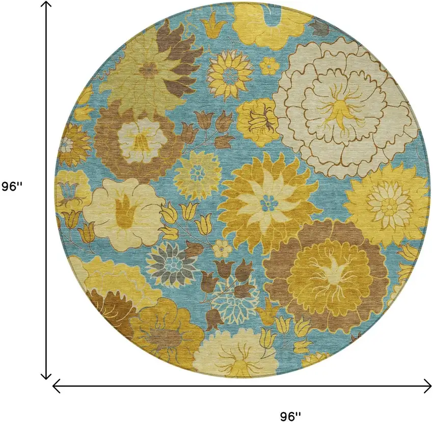 8' Aqua Gold And Beige Round Floral Washable Indoor Outdoor Area Rug Photo 3