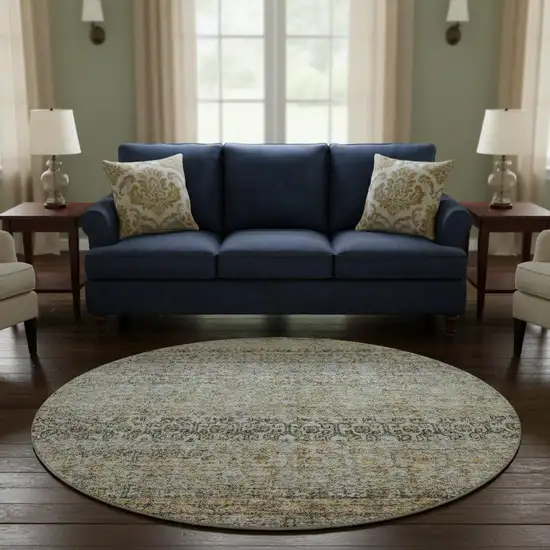 8' Aqua Gold And Gray Abstract Washable Round Rug With UV Protection Photo 2