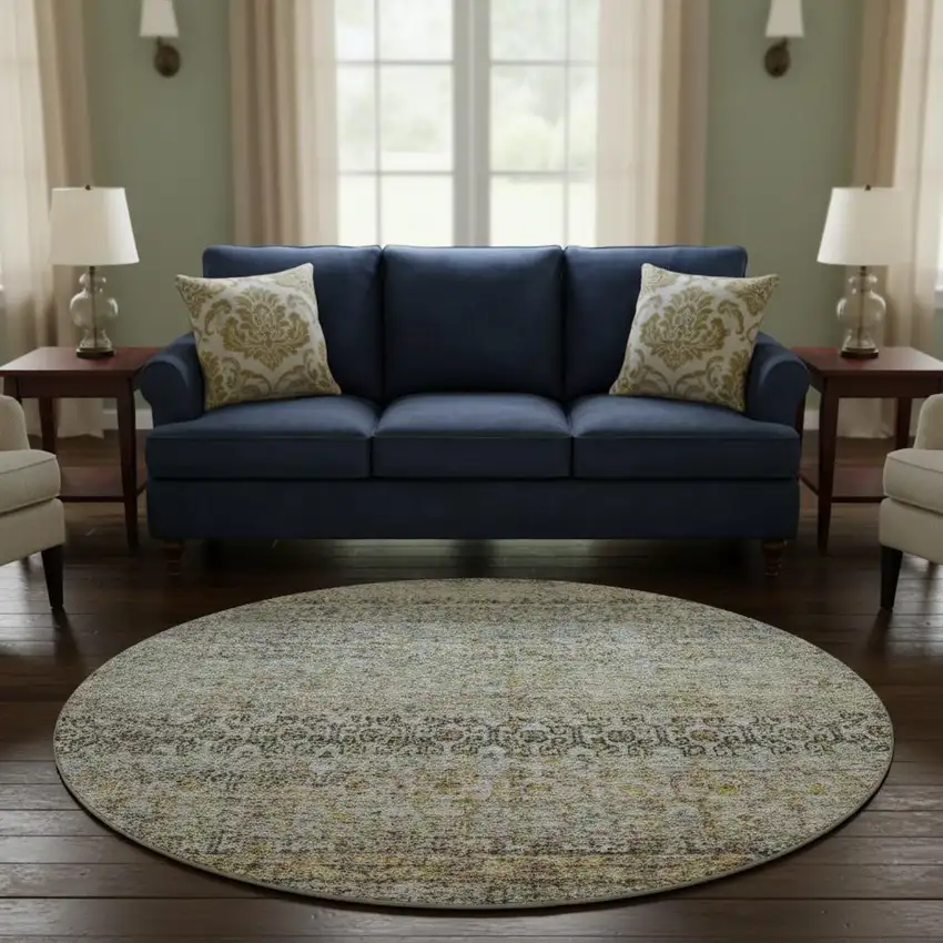 8' Aqua Gold And Gray Abstract Washable Round Rug With UV Protection Photo 2