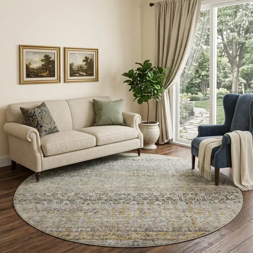 8' Aqua Gold And Gray Abstract Washable Round Rug With UV Protection Photo 1