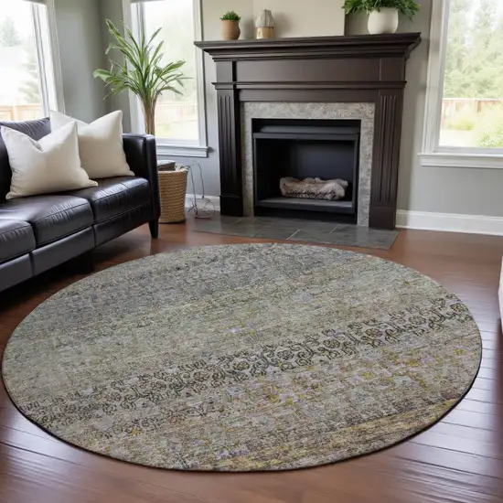 8' Aqua Gold And Gray Abstract Washable Round Rug With UV Protection Photo 3