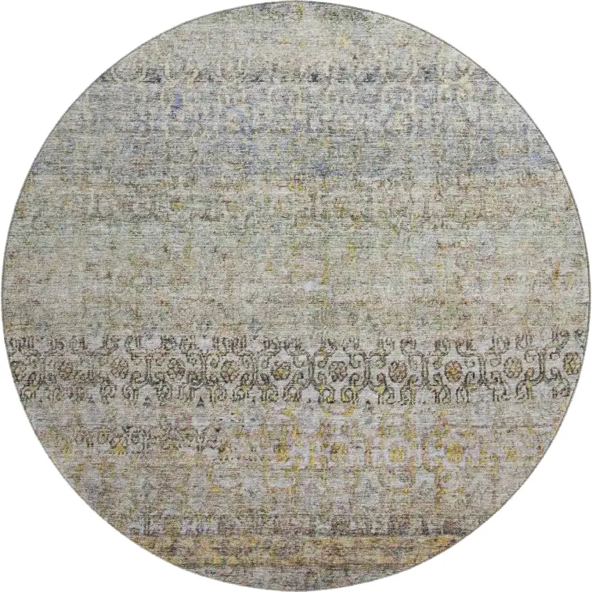 8' Aqua Gold And Gray Abstract Washable Round Rug With UV Protection Photo 1