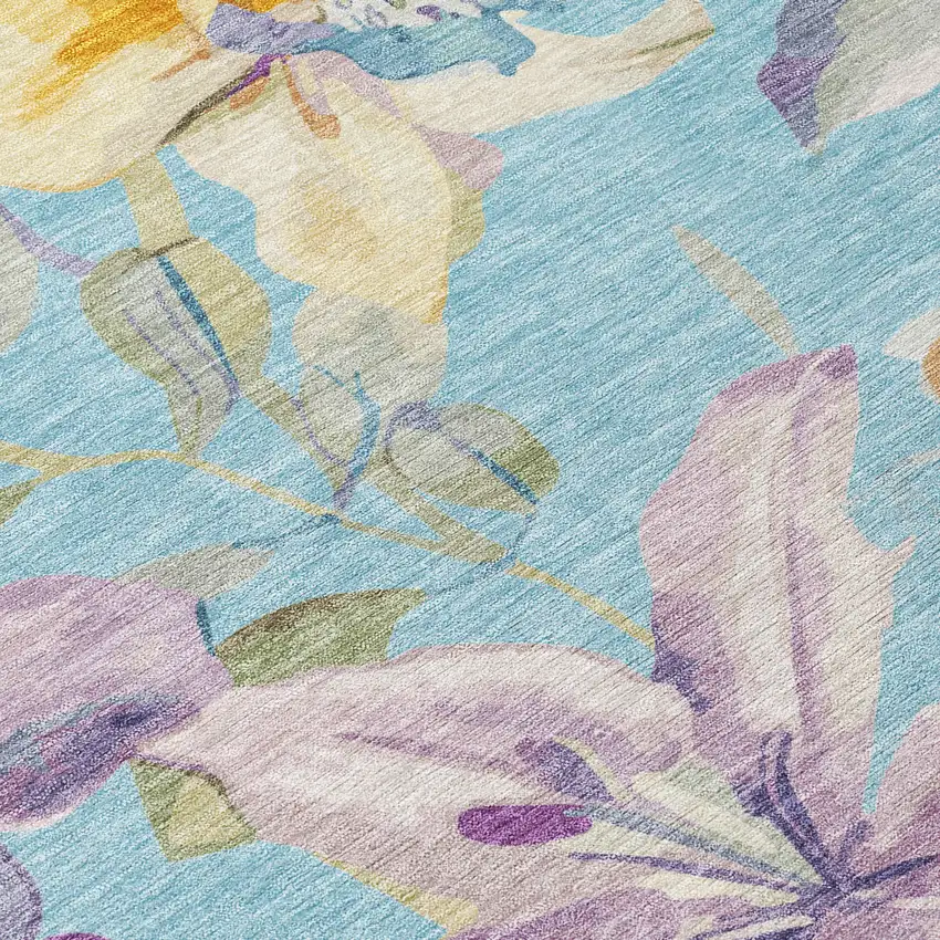 8' Aqua Gold And Lavender Round Floral Washable Indoor Outdoor Area Rug Photo 5