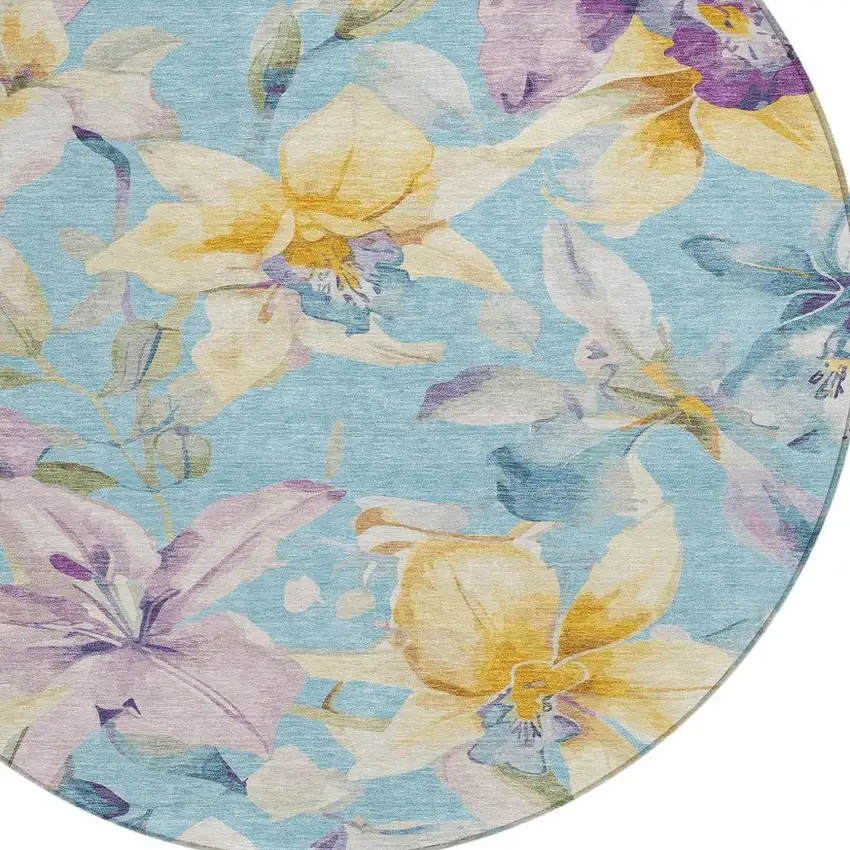 8' Aqua Gold And Lavender Round Floral Washable Indoor Outdoor Area Rug Photo 6