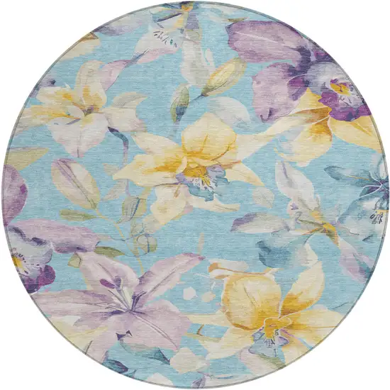 8' Aqua Gold And Lavender Round Floral Washable Indoor Outdoor Area Rug Photo 2