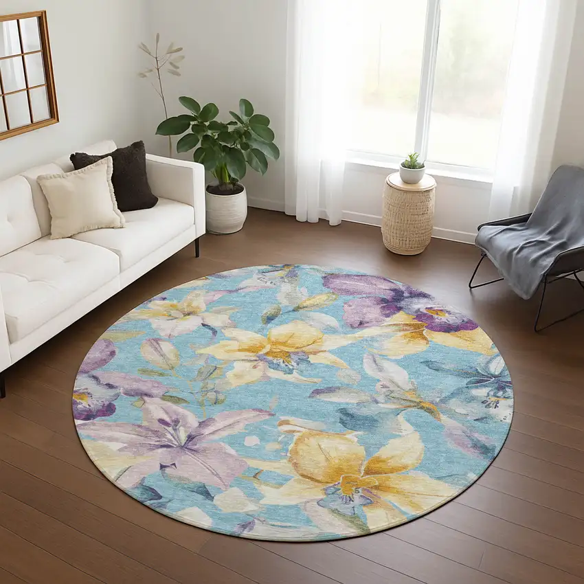 8' Aqua Gold And Lavender Round Floral Washable Indoor Outdoor Area Rug Photo 9