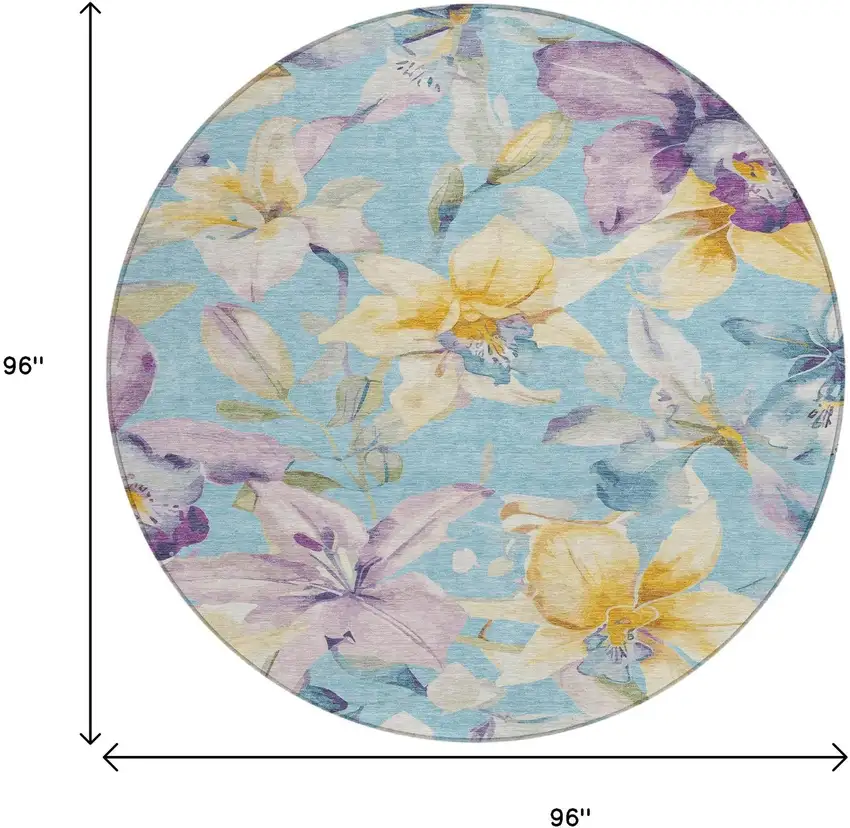 8' Aqua Gold And Lavender Round Floral Washable Indoor Outdoor Area Rug Photo 3
