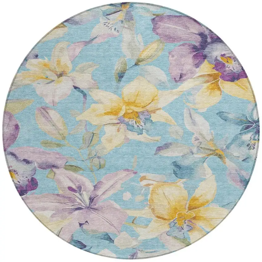 8' Aqua Gold And Lavender Round Floral Washable Indoor Outdoor Area Rug Photo 4
