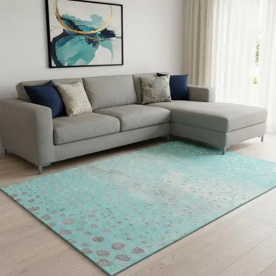 8' Aqua Gray And Ivory Polka Dot Washable Area Rug With UV Protection Photo 2