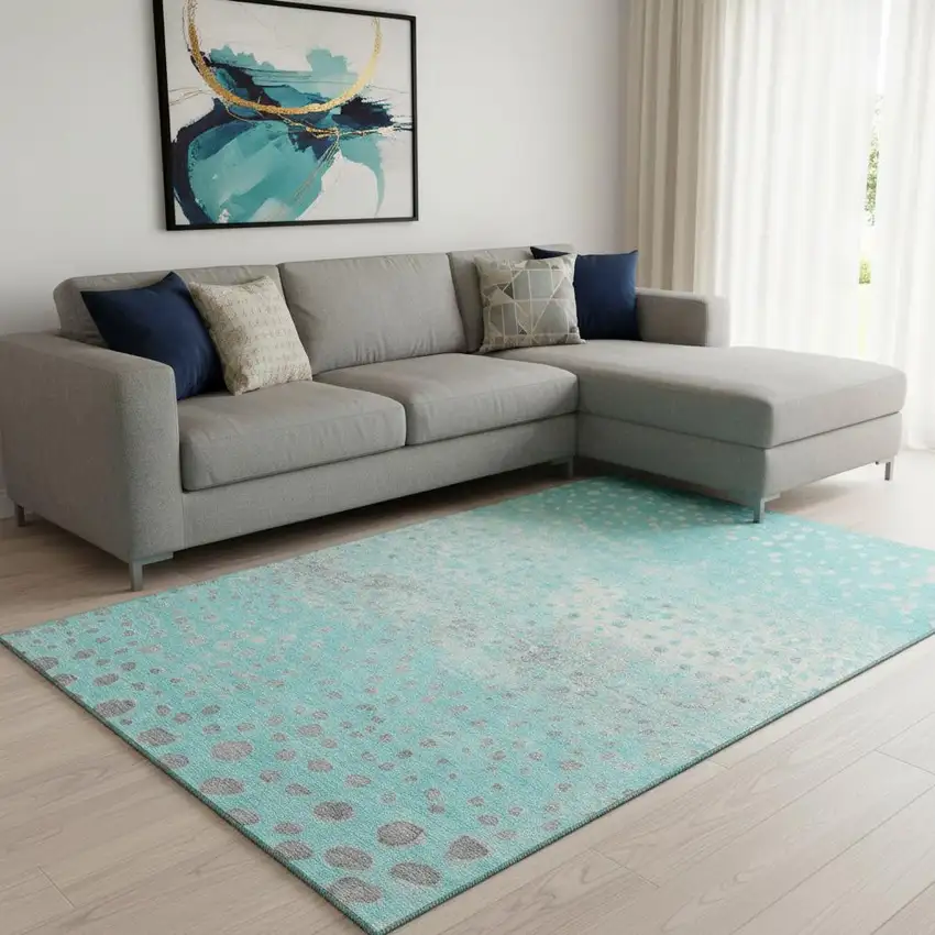8' Aqua Gray And Ivory Polka Dot Washable Area Rug With UV Protection Photo 2