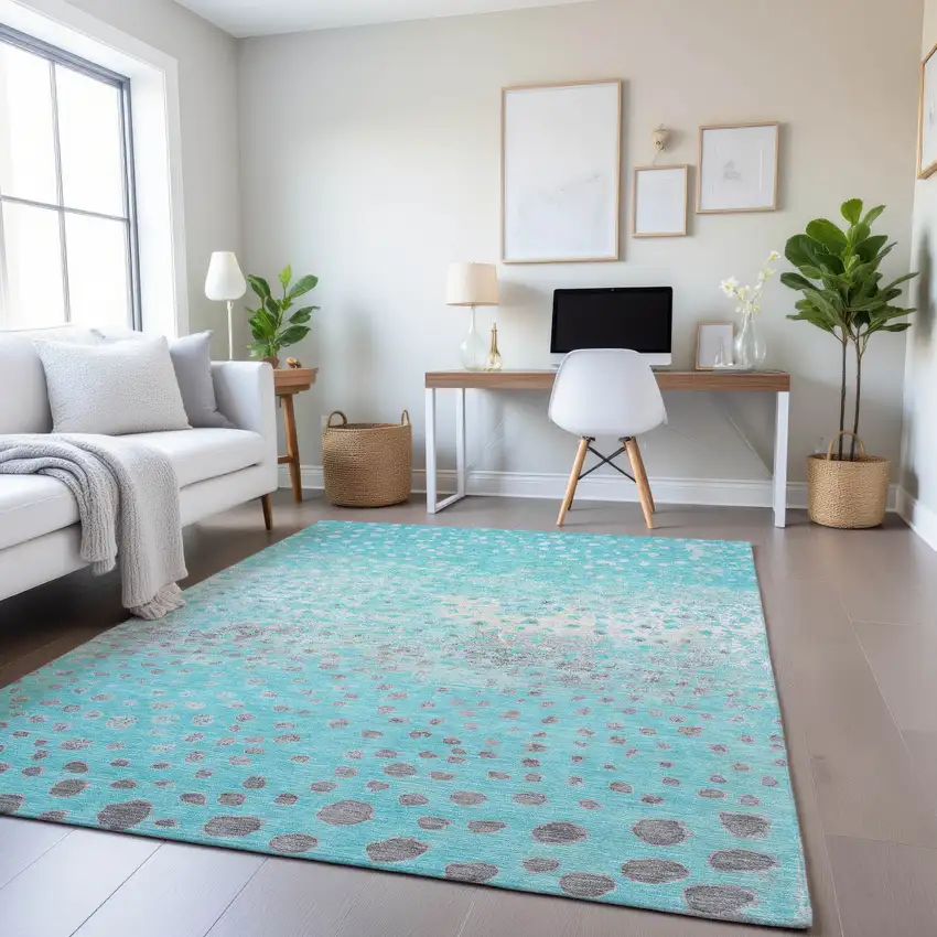8' Aqua Gray And Ivory Polka Dot Washable Area Rug With UV Protection Photo 4