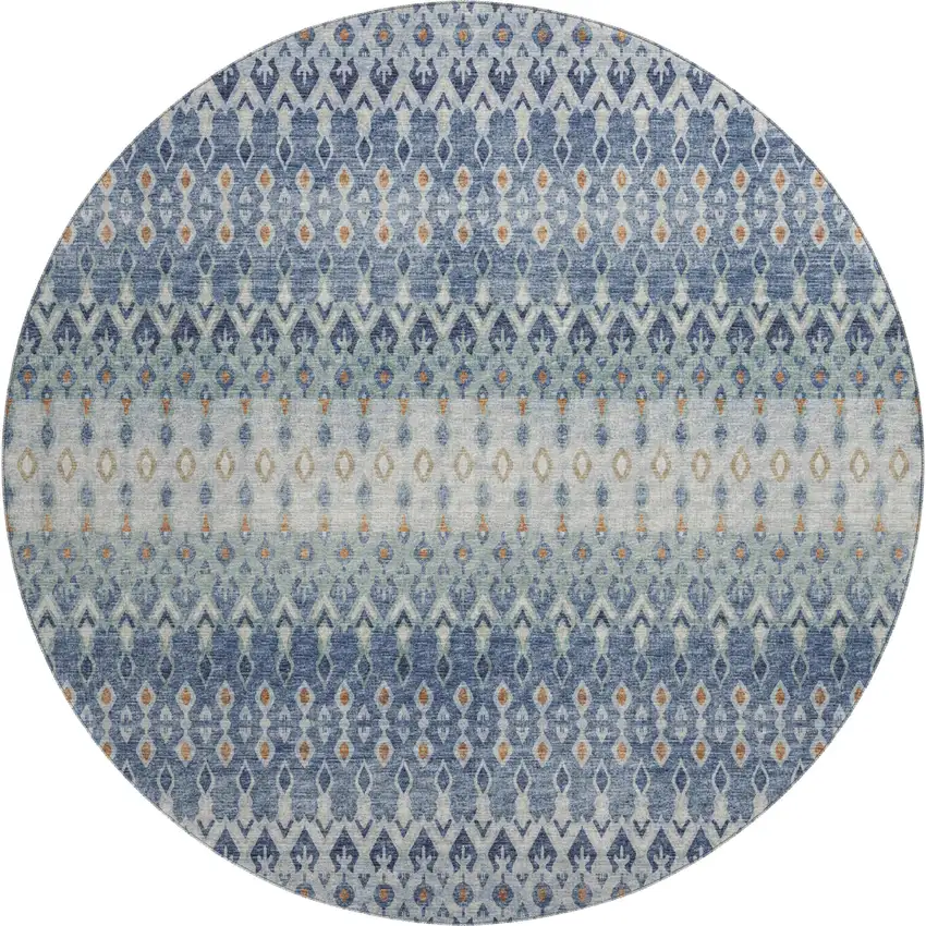 8' Aqua Gray And Orange Tribal Washable Round Rug With UV Protection Photo 2