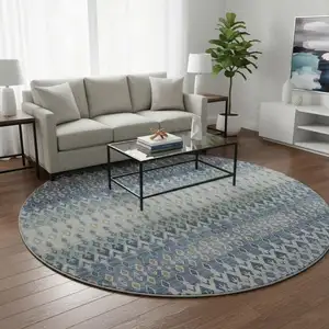 Photo of 8' Aqua Gray And Orange Tribal Washable Round Rug With UV Protection