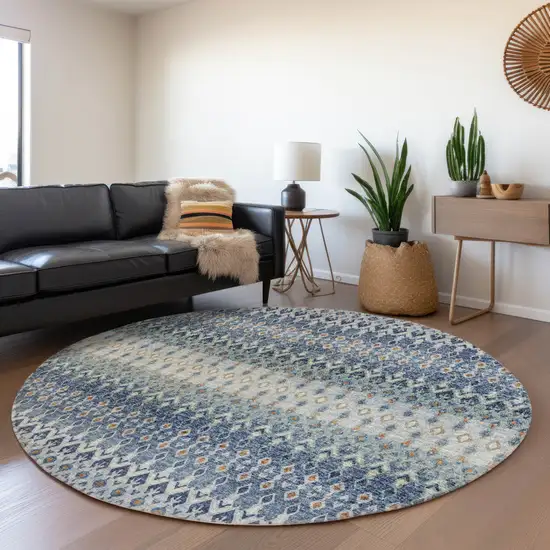 8' Aqua Gray And Orange Tribal Washable Round Rug With UV Protection Photo 5