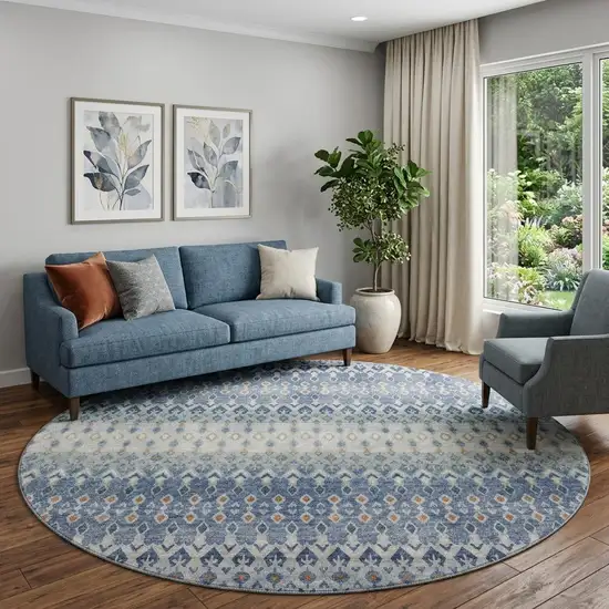8' Aqua Gray And Orange Tribal Distressed Washable Round Rug With UV Protection Photo 1