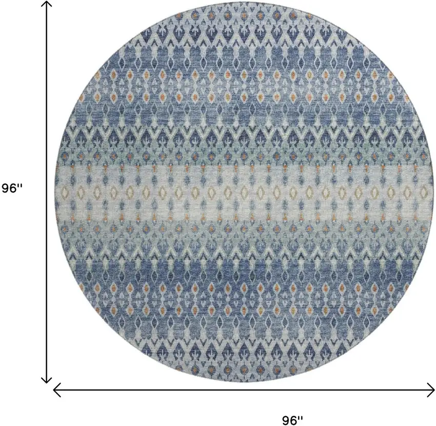 8' Aqua Gray And Orange Tribal Washable Round Rug With UV Protection Photo 3