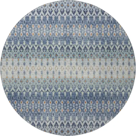 8' Aqua Gray And Orange Tribal Washable Round Rug With UV Protection Photo 4