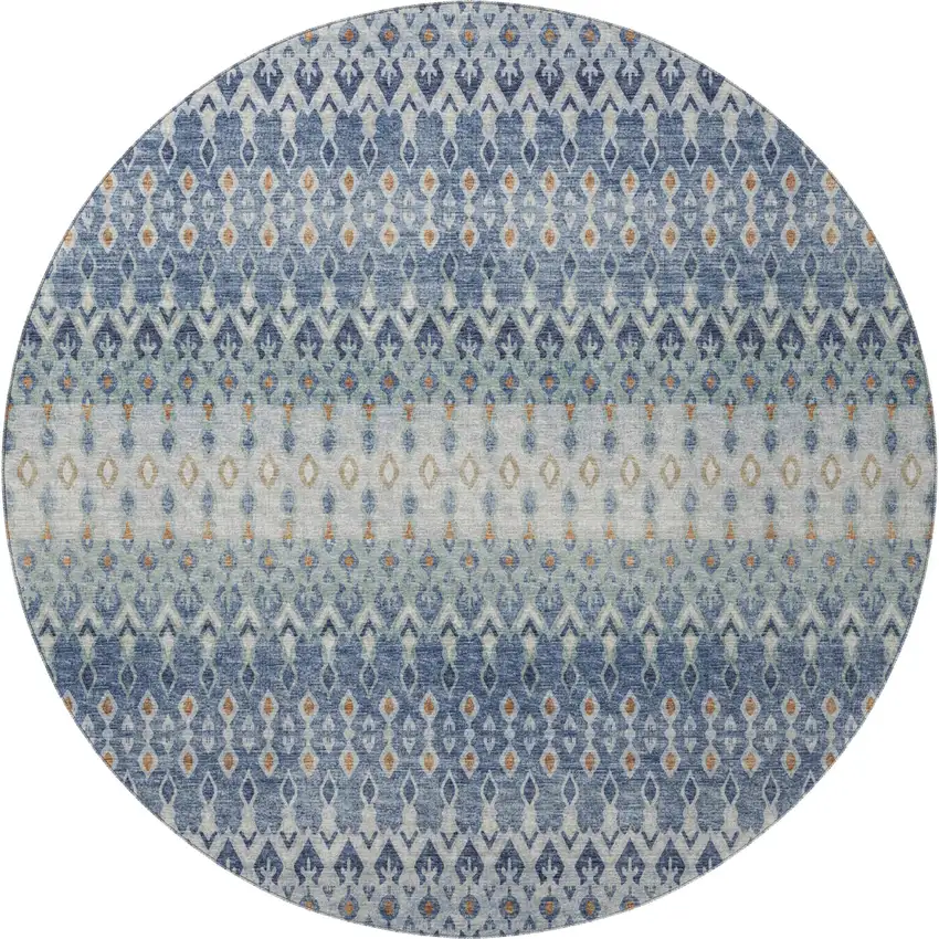 8' Aqua Gray And Orange Tribal Washable Round Rug With UV Protection Photo 4