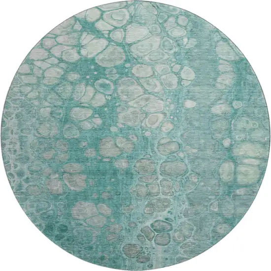 8' Aqua Gray And Silver Abstract Washable Round Rug With UV Protection Photo 1