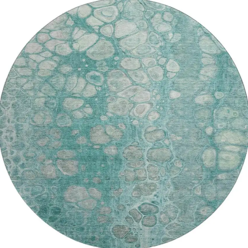 8' Aqua Gray And Silver Abstract Washable Round Rug With UV Protection Photo 4