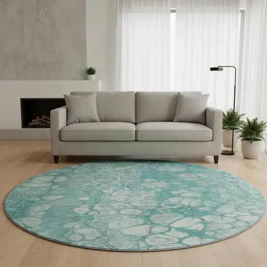 8' Aqua Gray And Silver Abstract Washable Round Rug With UV Protection Photo 2