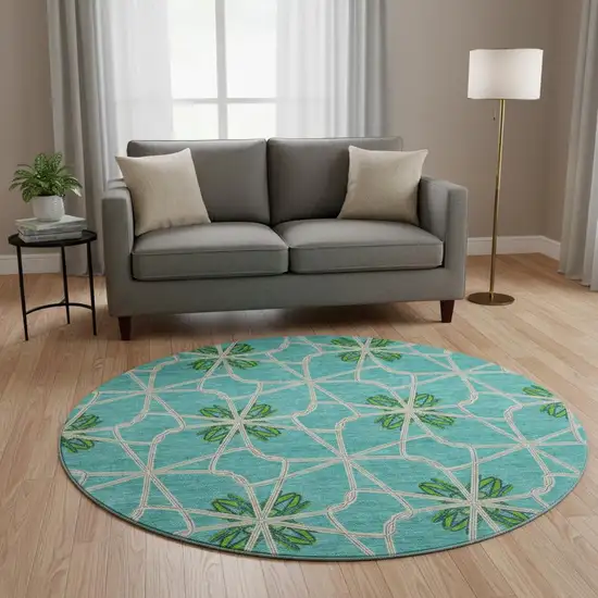 8' Aqua Green And Beige Geometric Washable Round Rug With UV Protection Photo 2