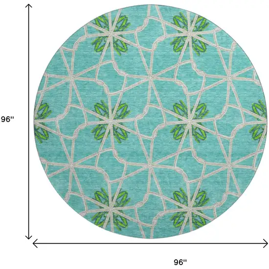 8' Aqua Green And Beige Geometric Washable Round Rug With UV Protection Photo 9